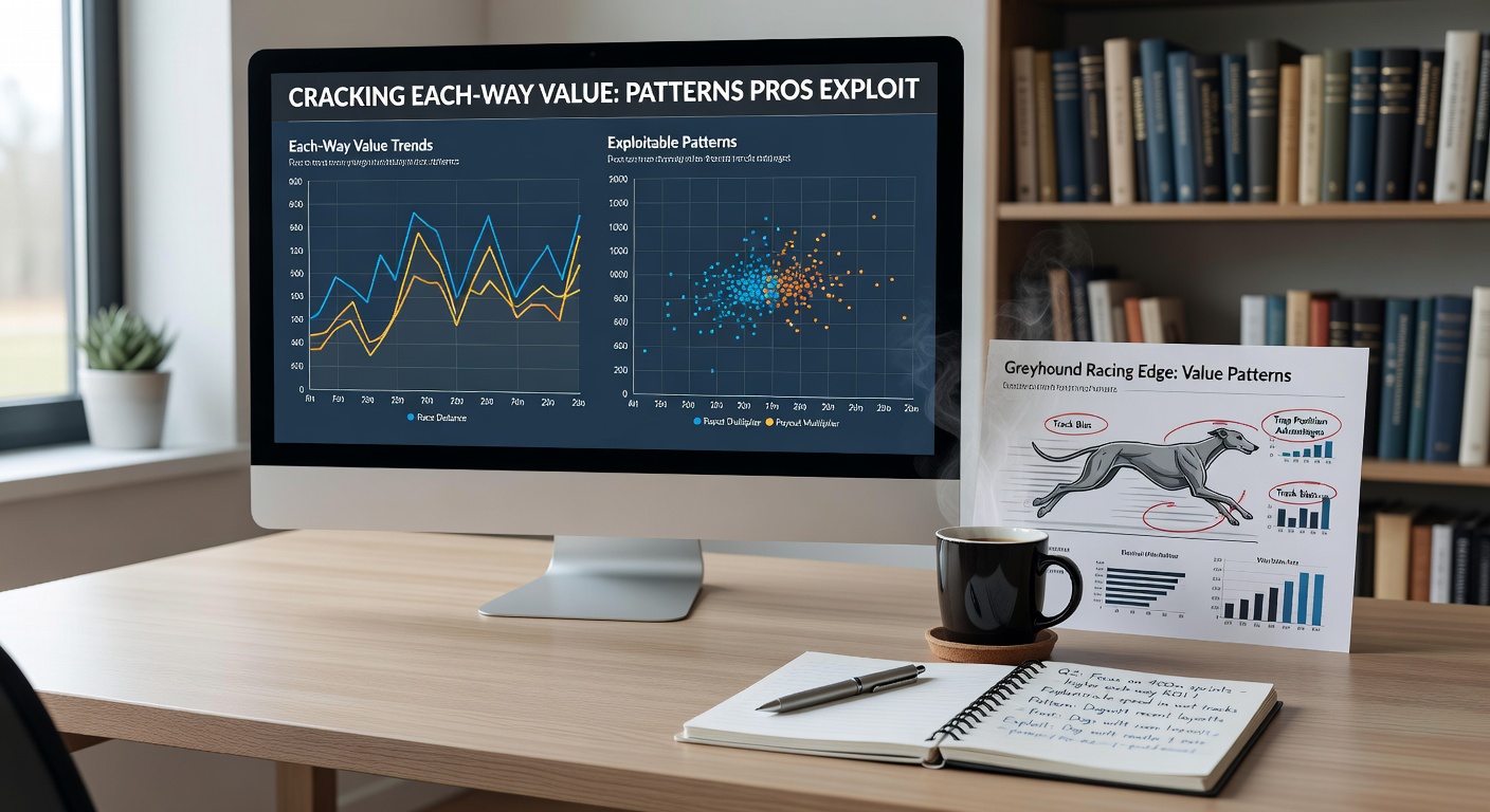 Detaillierte Grafik mit Trap-Statistiken und Each-Way-Quoten aus einem australischen Windhundrennen; visualisiert Value-Muster für Profis