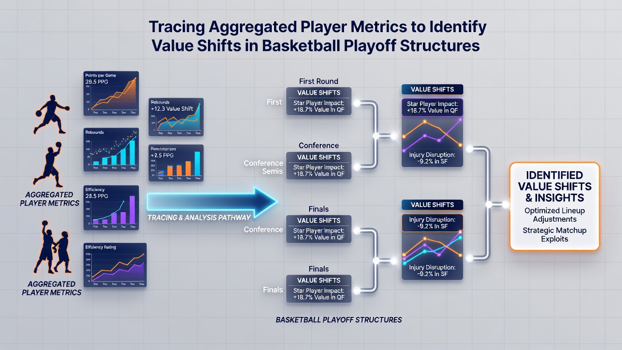 Analyse von Leistungszyklen und Metrikverschiebungen in Basketball-Playoffs mit interaktiven Charts